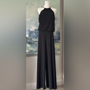 MSK M Backless Black Pant Suit with Gold Tone Neck Collar Necklace
